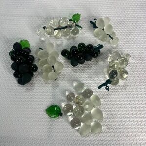 VTG Glass Grape (6) Clusters (& Loose)MCM Decorative Fruit Frosted Green White‎